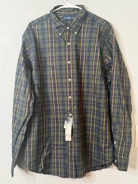 NWT Ralph Lauren Navy and Green Plaid Button-Down Shirt
